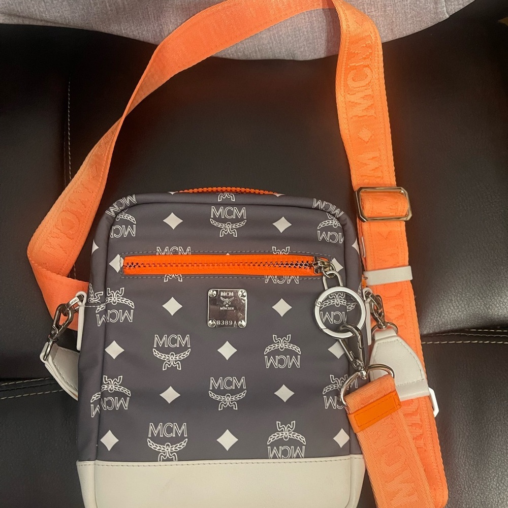 Mcm Gray And Orange Messenger Bag With Monogram Design